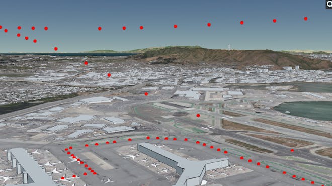 旧金山机场上空的红点显示了实际的飞行路线