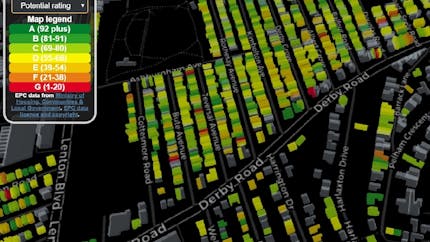 诺丁汉智能城市应用程序的用户界面显示城市的能效颜色