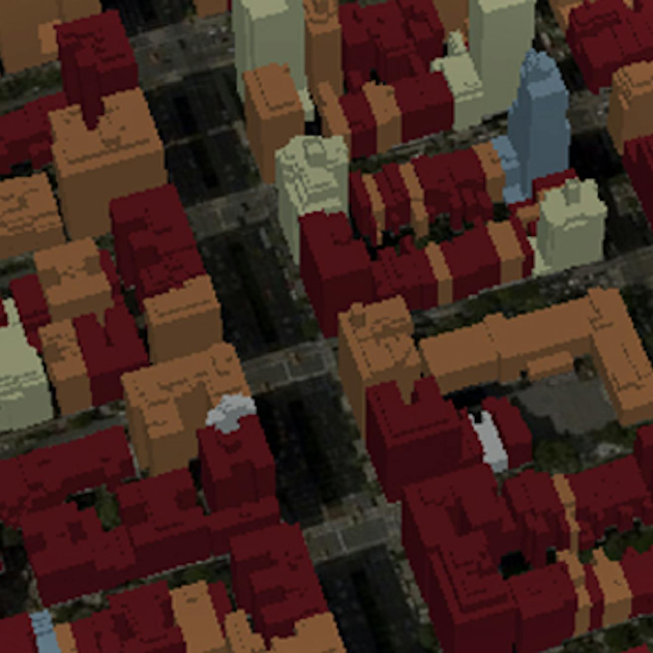 An aerial view of untextured models of 3D buildings, colored by year they were built