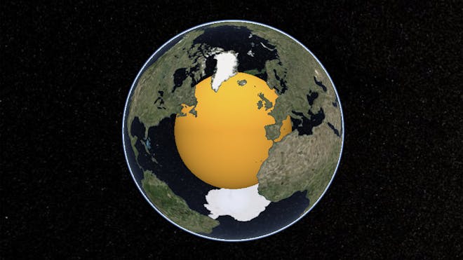 The globe, with the oceans transparent so the orange core is visible