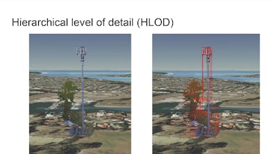 Two side-by-side images of a tower, one with red bounding boxes showing the 3D Tiles that enable hierarchical level of detail