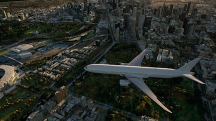 3D rendering of a commercial airplane flying above Houston, Texas 