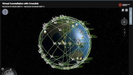 Black background in Cognitive Space's CNTIENT platform with Cesium globe in the middle. Satellites and ground stations are shown criss-crossing the globe.
