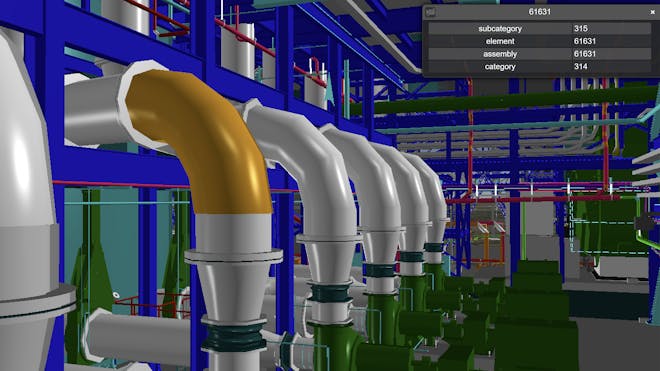 工厂内部的彩色3D模型，有很多管道和配件，以及一个用橙色突出显示的项目面板元数据