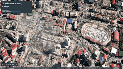 Satellite imagery of Kahramanmaras, Turkey, from Maxar Technologies' Open Data Program in Hidenori Watanave's Cesium Story. Red and blue roofs and destroyed buildings are seen in this city.