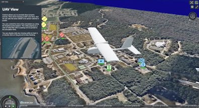 Screenshot of a 3D COP (Common Operating Picture) built on Cesium showing a 3D model of an aircraft flying over real world terrain with annotations and infobox.