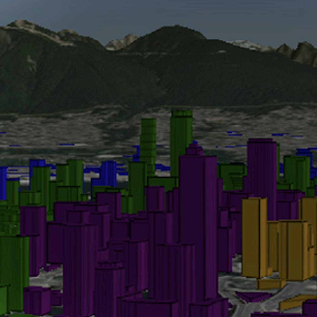 温哥华的天际线，以山为背景，根据与右侧建筑的距离为基础着色