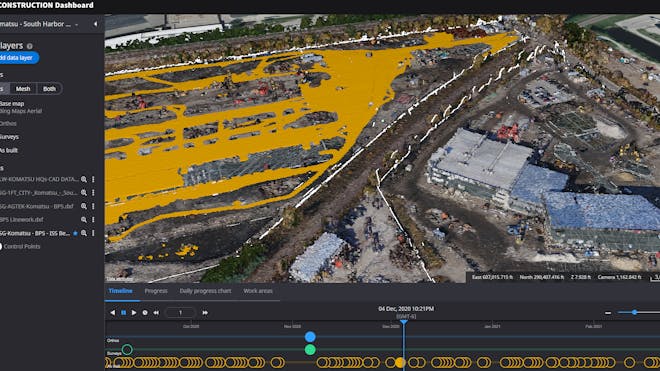 The Smart Construction dashboard, showing point clouds of a construction site on top of a base map