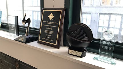 The Geospatial Startup of the Year and 2020 Technology Startup Enterprise Award trophies on a windowsill in downtown Philadelphia.