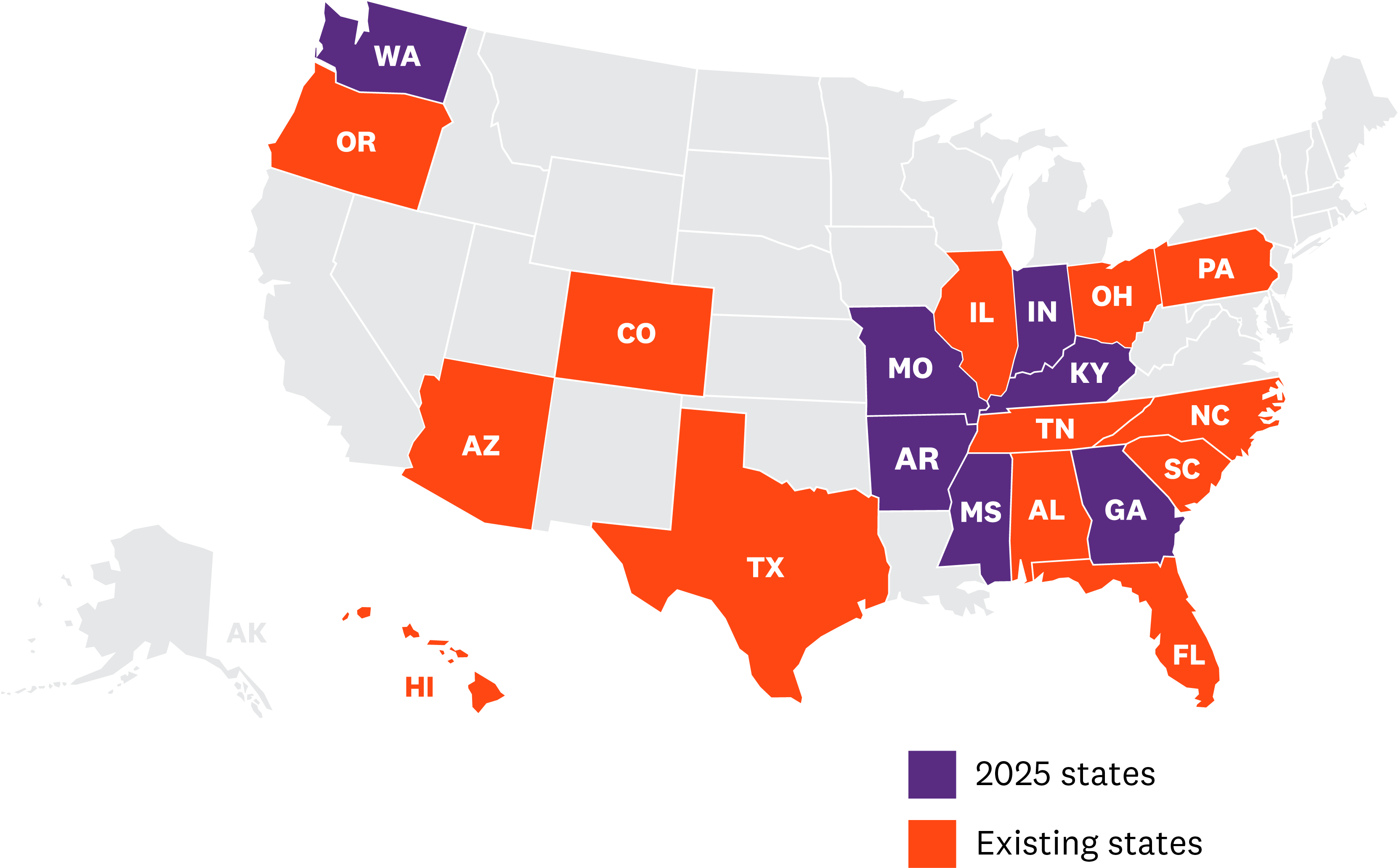 A map of the United States showing Devoted Health's 2025 service area