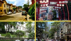 Imagem dividida em quatro partes, destacando pontos culturais e turísticos da cidade de São Paulo/SP. As fotos são referentes à ruas da cidade, entre elas uma rua do bairro da Liberdade.