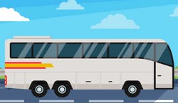 Desenho de ônibus branco com faixas amarelas e vermelhas em estrada asfaltada com céu azul com nuvens brancas no fundo.