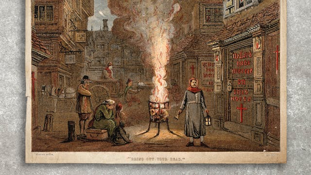 Photograph of a colour engraving against a concrete background. The engraving shows a street during the Great Plague in London, 1665, with a death cart and mourners.