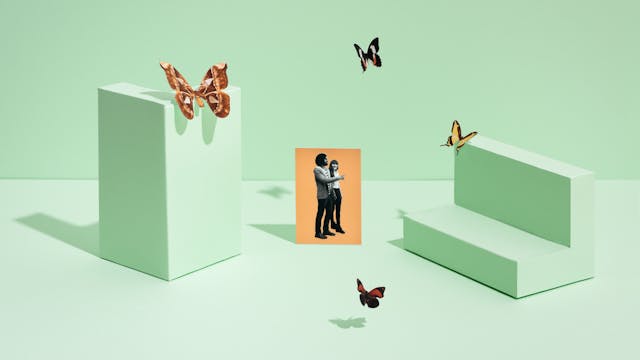 Photograph of a set built scene. The scene is made out of a light green horizontal surface against a light green vertical background with a thin horizon line. On the horizontal surface are two green ‘L’ shaped blocks. In the centre of the image is a rectangular flat orange card standing upright, on which is the black and white image of a woman and a man in full length standing next to each other. The man is pointing with his right hand. Resting on the green blocks and floating above and below the orange card are four butterflies.