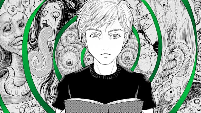 Illustration in the style of Manga graphic novels, showing a young person looking at an open book titled, Uzumaki. Behind them is a spiralling green ribbon, within which are body horror illustrations of faces with bleeding eyes, giant tongues, tentacles, insects, stitched up faces and expressions of horror.