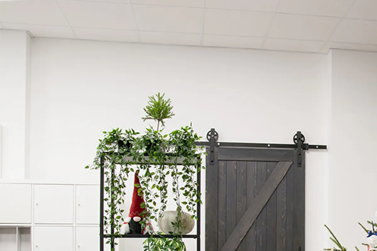 office with sliding doors, black doors, black and white interior design