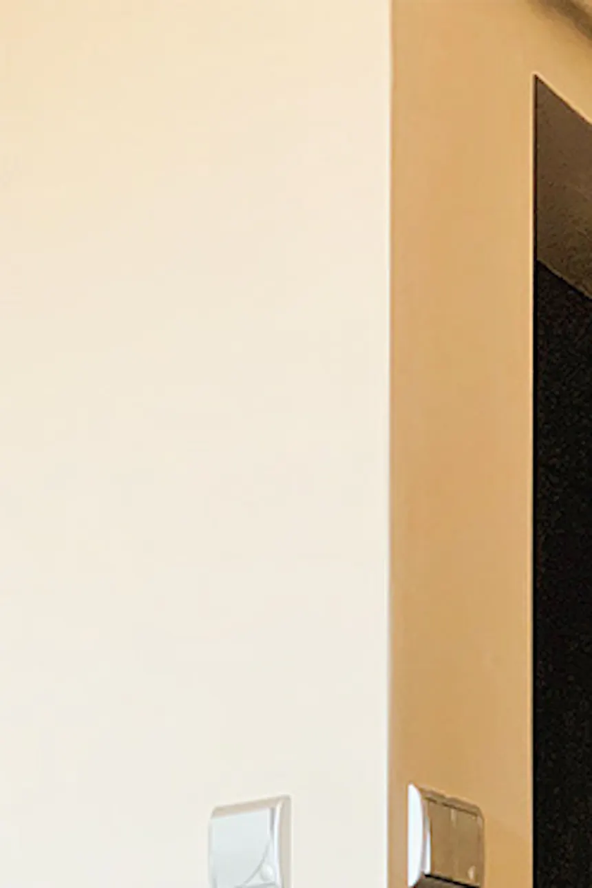Bathroom sliding door with metal handle, space-saving