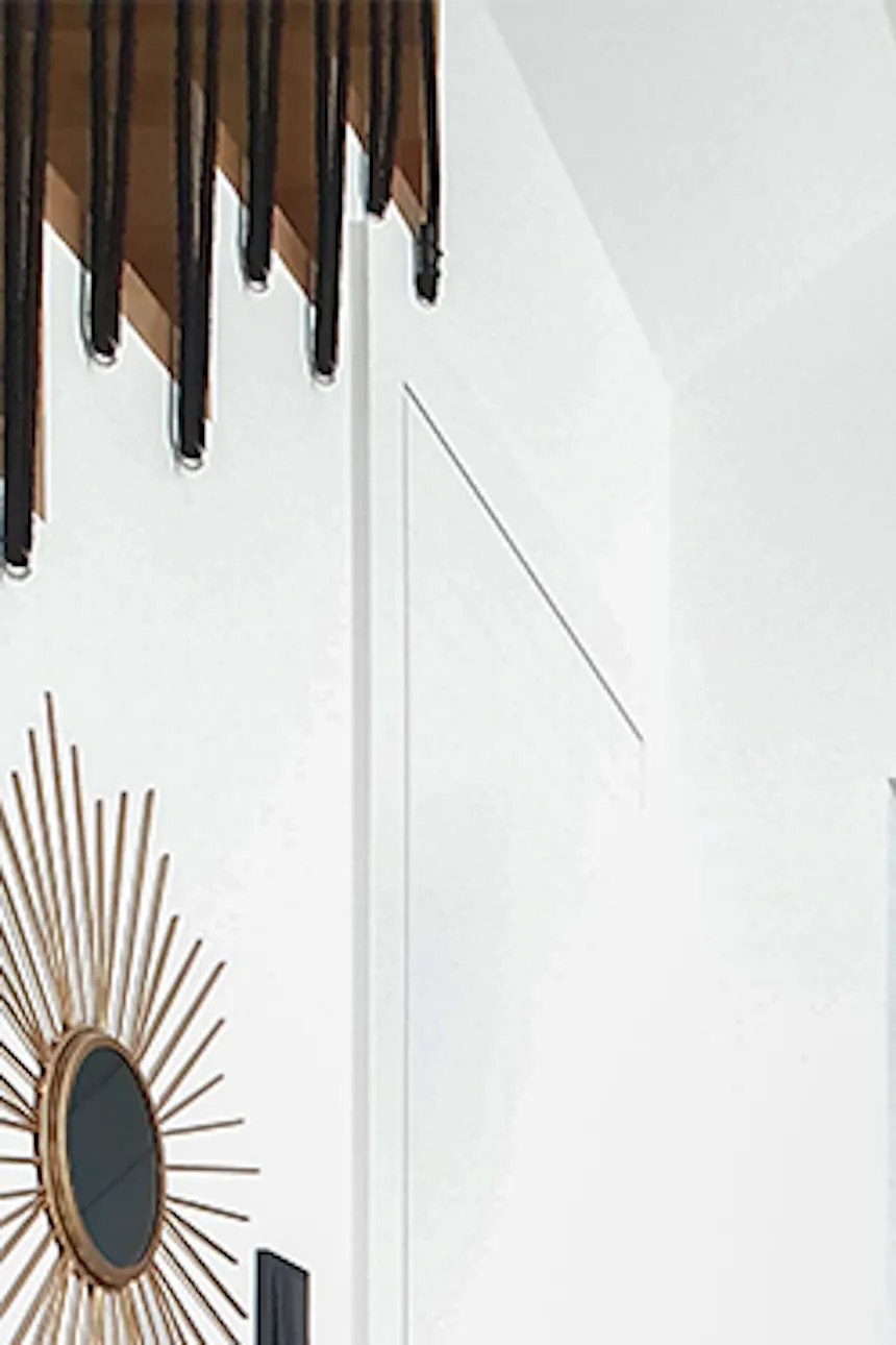 Sliding doors in foyer, flowers in foyer, black and white interior spaces