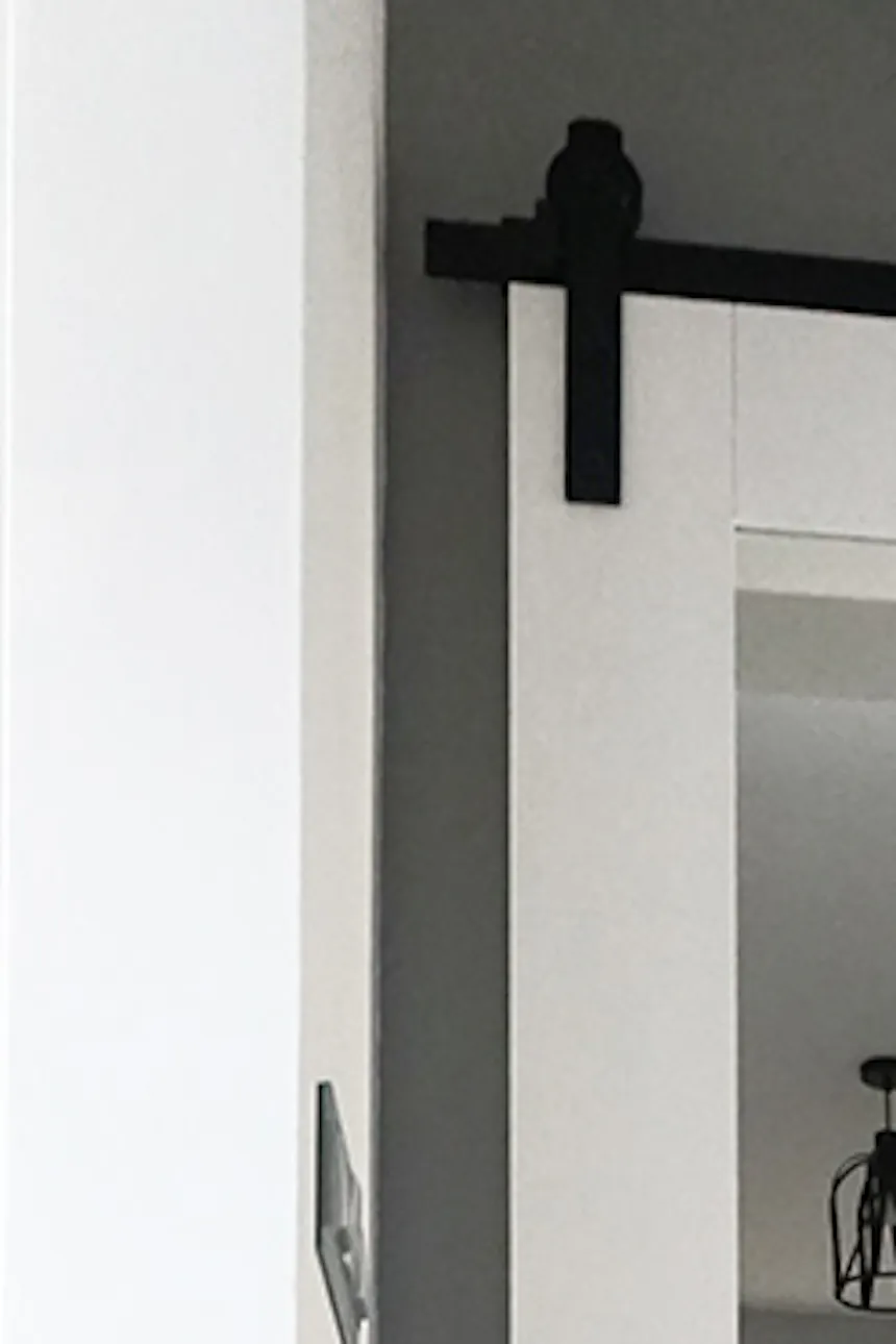White doors, mirrored door, white mirrored sliding door, large mirrored door, wood mirrored door, hallway sliding door, black track system for white and gray interior