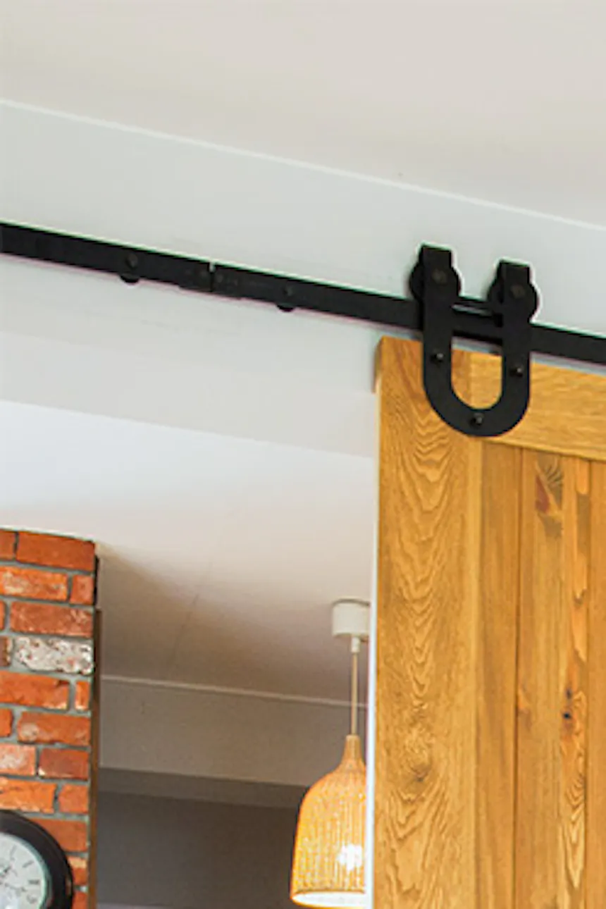 rustic wooden door, brushed wood sliding door, barn door, sliding door with a 'horseshoe' sliding system