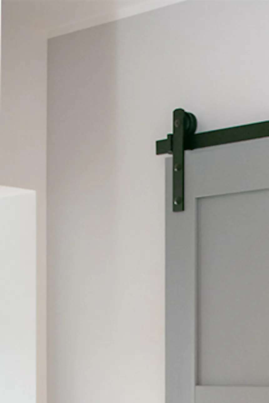 Sliding door in apartment building, wood sliding door, pantry sliding door, grey sliding door, utility room sliding door, plants in hallway.