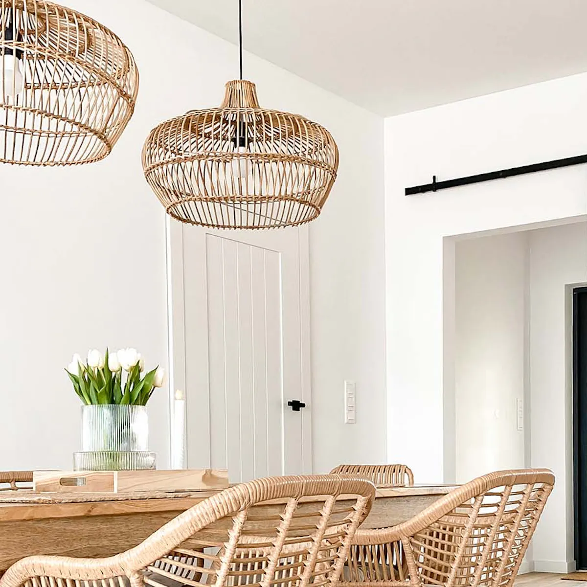 Rattan chairs on metal legs, large wood table, woven pendant lamps, and glass sliding doors with metal frames