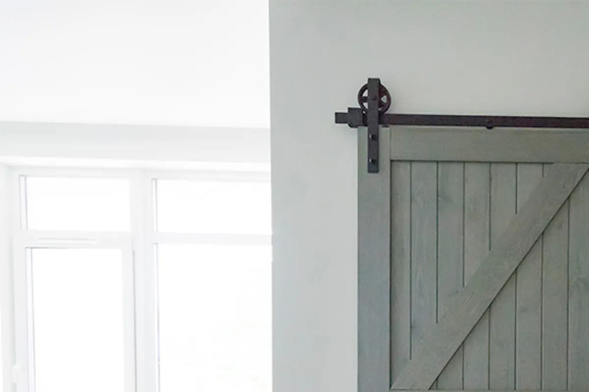 wooden sliding doors, barn doors, grey wood sliding door, sliding door handle, bedroom sliding door, bedroom entrance, modern style bedroom, bedroom in grey tones, decorative wallpaper for bedroom, clear colours