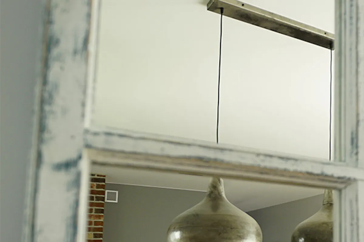 Mirror in rustic frame, wall decorations, pendant lights