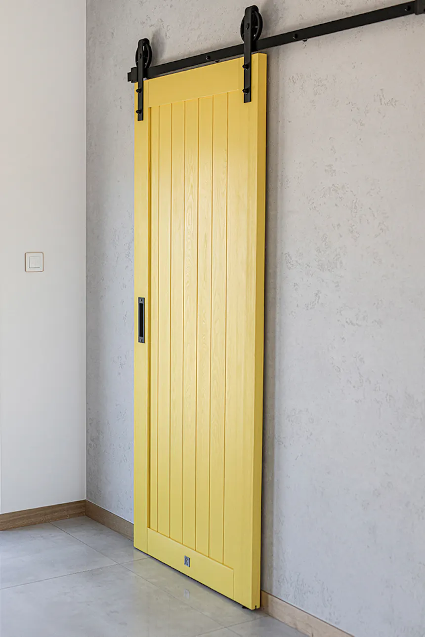 Yellow door, yellow wood door, yellow sliding door, pantry door, pantry sliding door