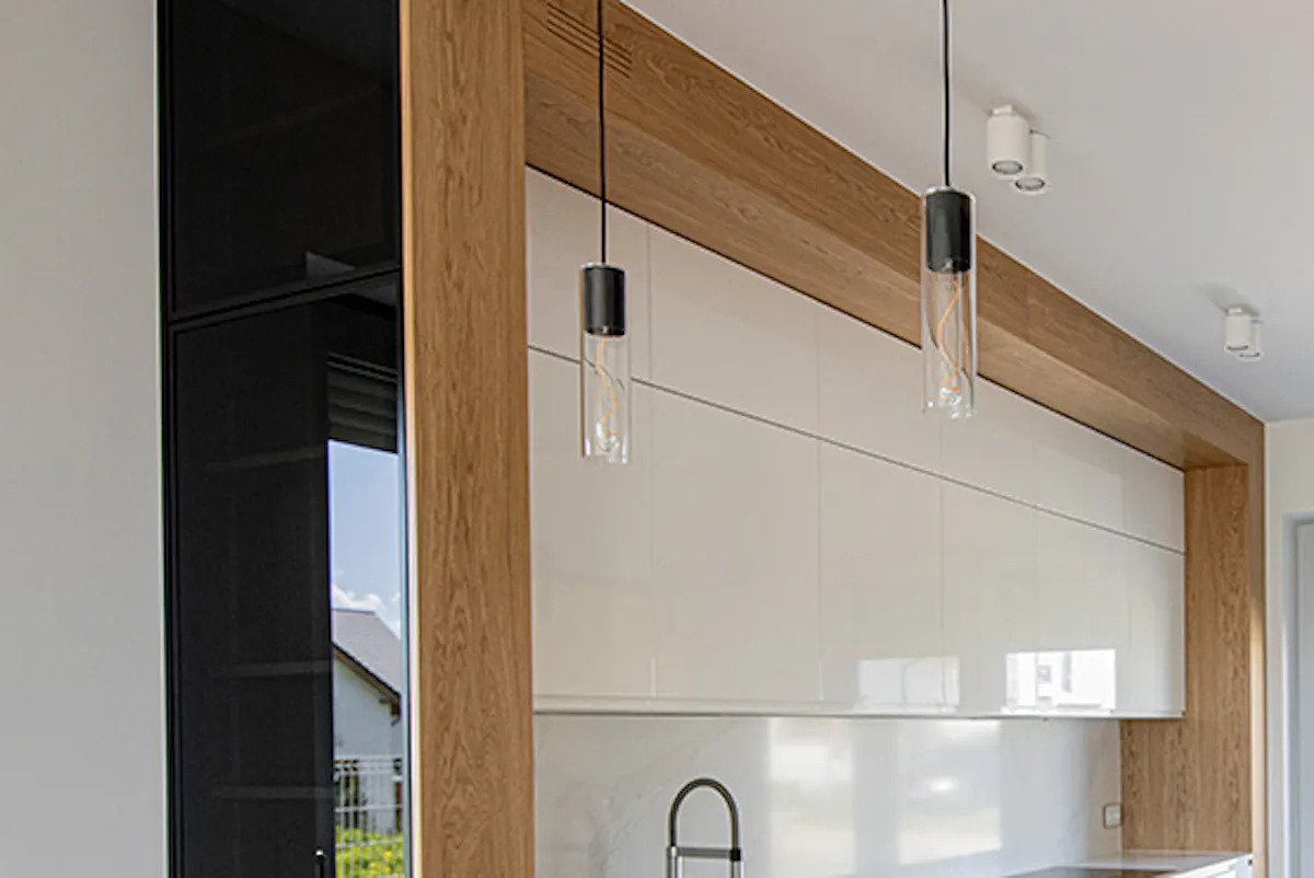 Modern kitchen, kitchen with pantry, pantry door, sliding door to pantry, yellow door in kitchen, high-gloss kitchen cabinets, white kitchen furniture