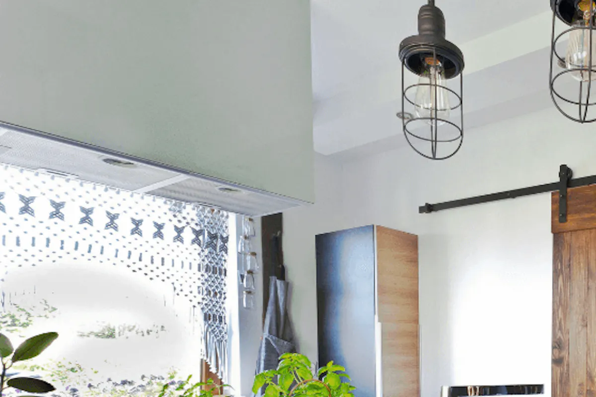 Kitchen sliding door, brushed sliding door, wooden sliding door, gray kitchen, rustic kitchen, industrial pendant lamp