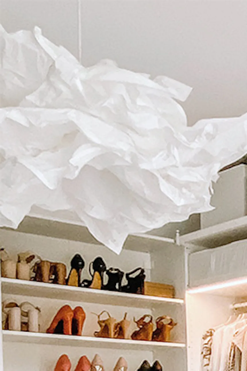 pendant lamp paper lampshade, white sliding doors for the wardrobe, barn door in the walk-in closet, a system of white wardrobes and shelves in the dressing room, large wardrobe in white, white doors on a white sliding system