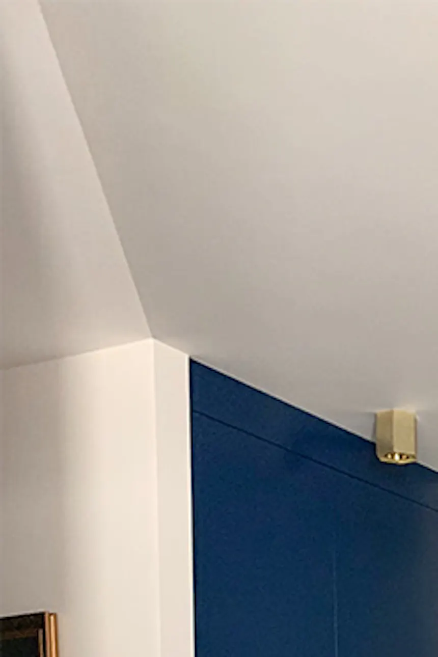 modern kitchen, blue furniture for the kitchen, golden accessories in the kitchen, blue chairs in the dining room, hanging lamps for the kitchen