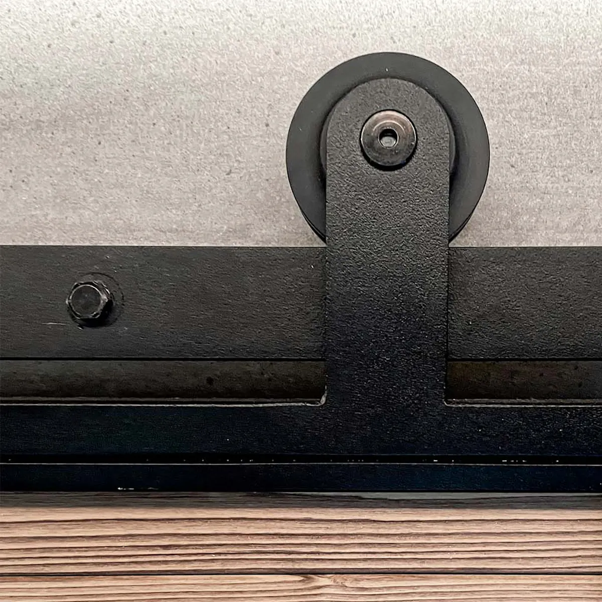 Industrial sliding door in solid wood with black metal frame