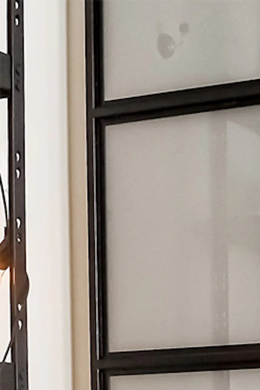 Student room setup, metal door with glass, loft-style metal door, frosted glass in metal-frame door