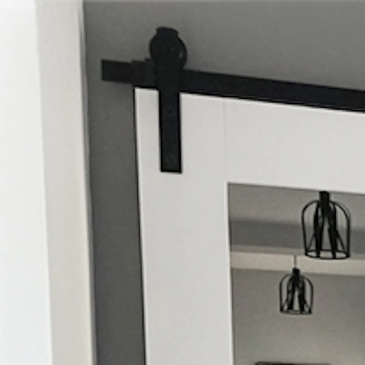 White mirrored door, sliding door with mirror, hallway sliding door, black track system for white and gray interior