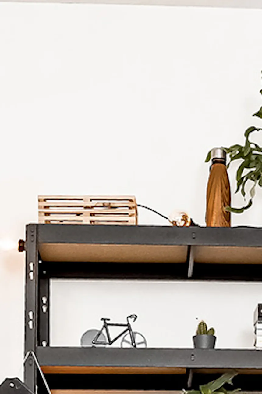 Student room setup, loft-style bookcase, plants on metal shelf, metal and glass sliding door, vintage chair, guitars hanging on wall
