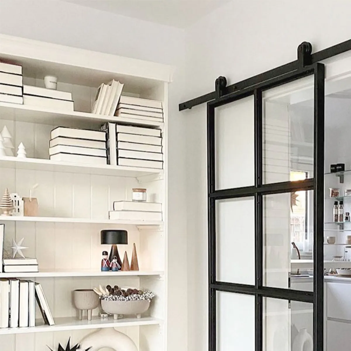 Nordic style decorations on white bookcase, glass sliding door for white kitchen, glass door in black metal frame