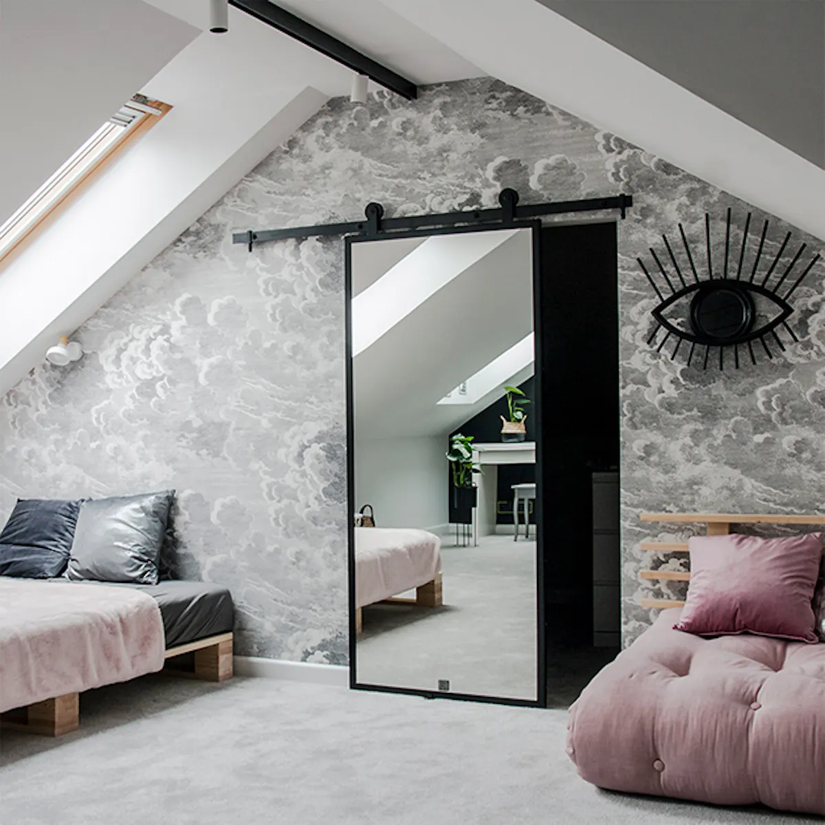 Teen room, pink sofa, gray, sliding door wardrobe, mirror in teen room