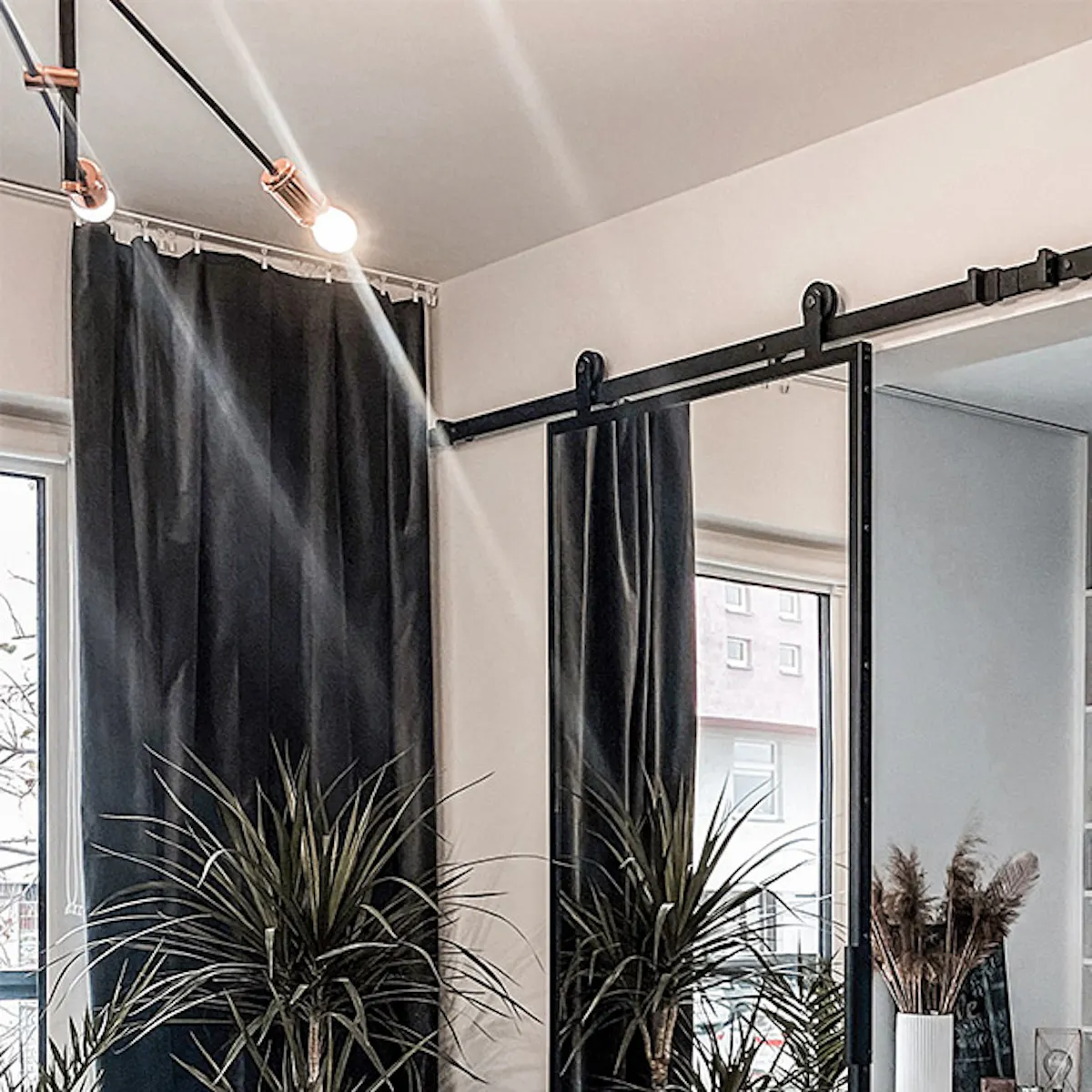 Double sliding door with mirror, industrial lamp, black hardware in the bedroom, walk-in closet, modern bedroom, metal bed frame, metal pendant lamp