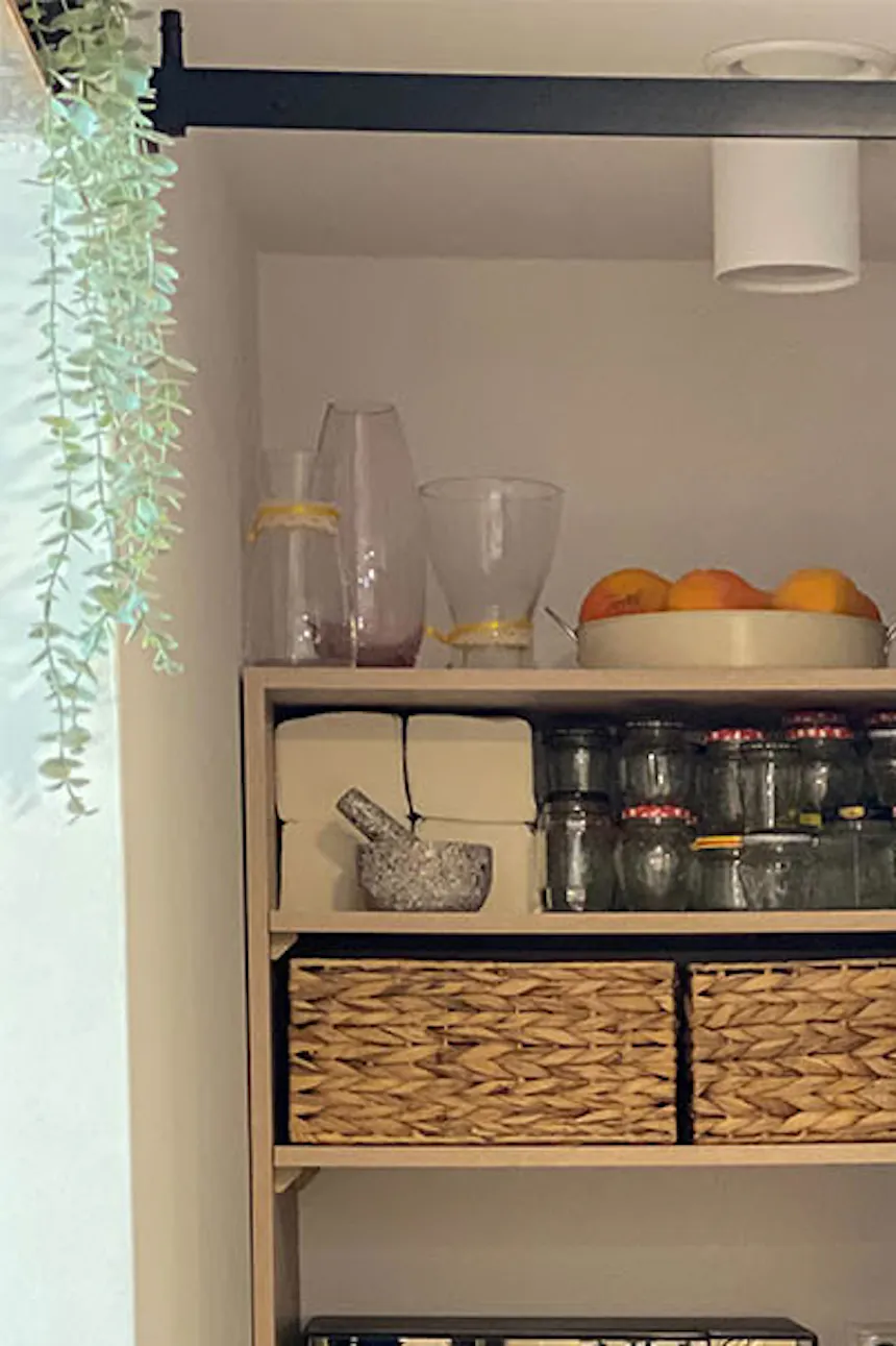 Sliding door for pantry, black wood sliding door, pantry in kitchen