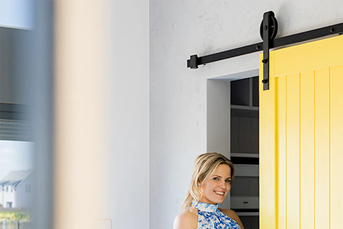 Yellow kitchen door, pantry door, kitchen with pantry, sliding door to pantry, sliding door to storage room