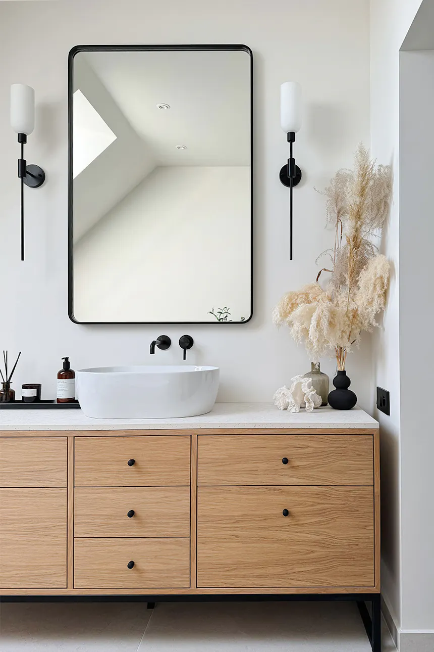un miroir rectangulaire avec un cadre noir délicat suspendu au-dessus d'un meuble en bois avec lavabo