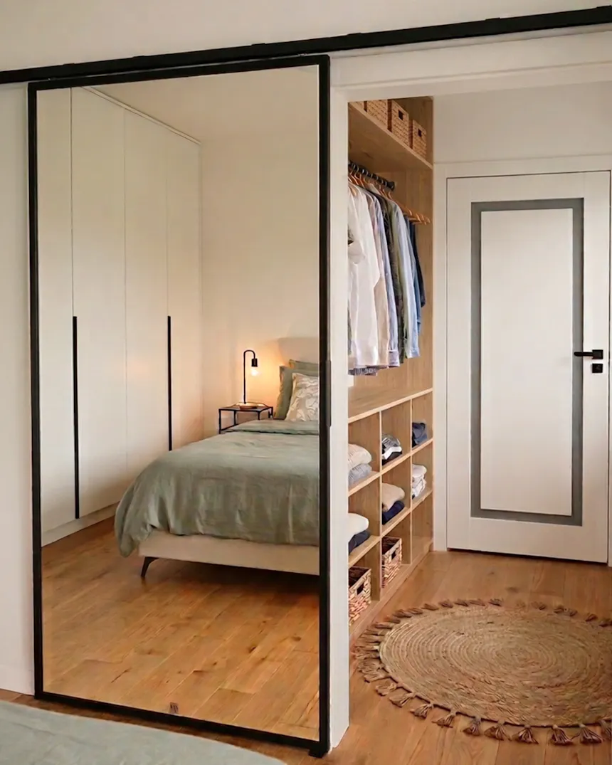 Tall sliding mirror with black frame separating bedroom and wardrobe—system with no visible rollers on the guide rail