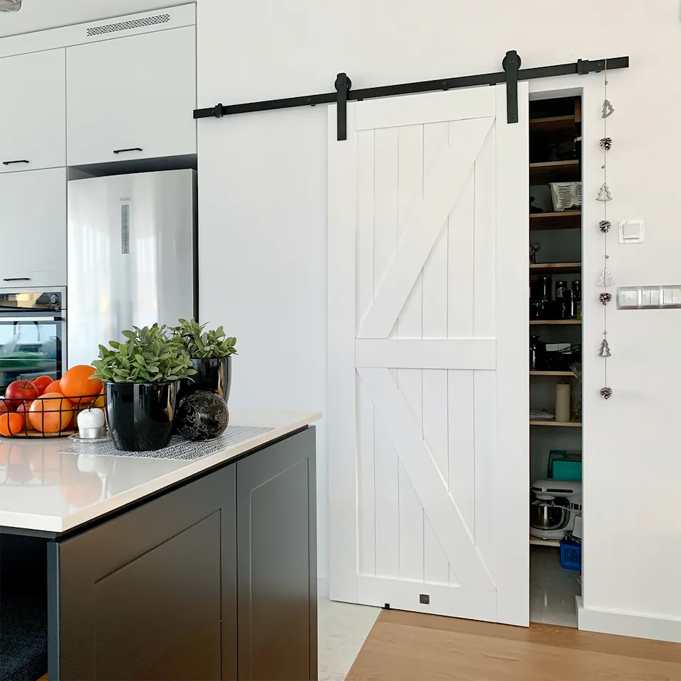 white sliding doors to a pantry in a modern kitchen