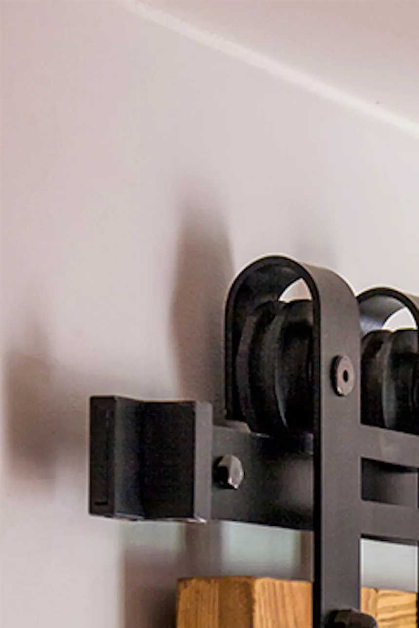 rustic wooden door, sliding system, sliding door guide, sliding door with a horseshoe