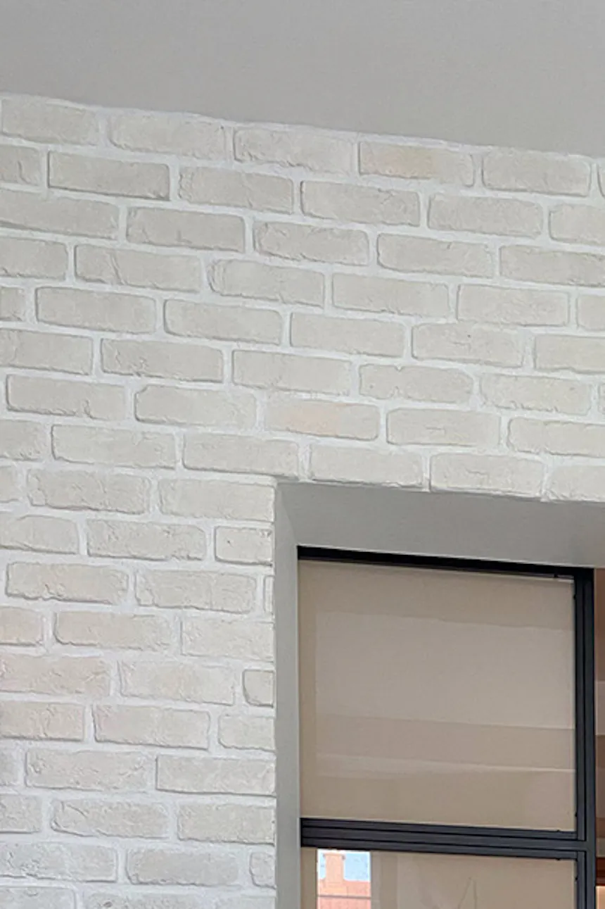 White brick on kitchen wall, loft glass doors, glass sliding door in kitchen