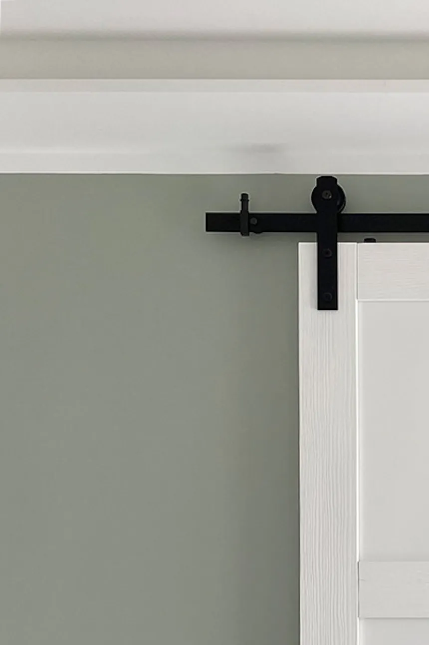 Modern white solid wood sliding doors on black sliding system
