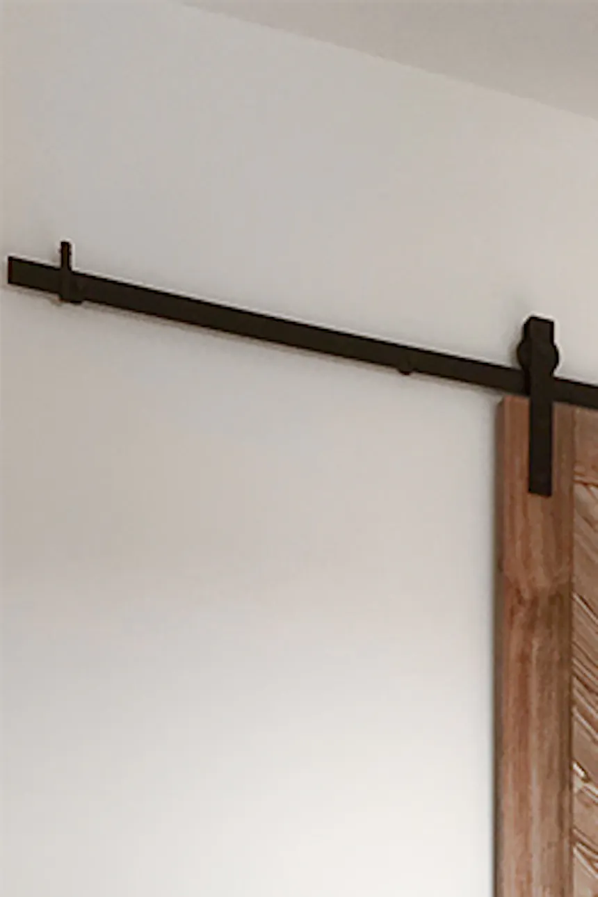 Wooden sliding door, brick wall in bedroom, sliding door to closet, bedroom with closet, loft-style bedroom, metal pendant lamp for bedroom
