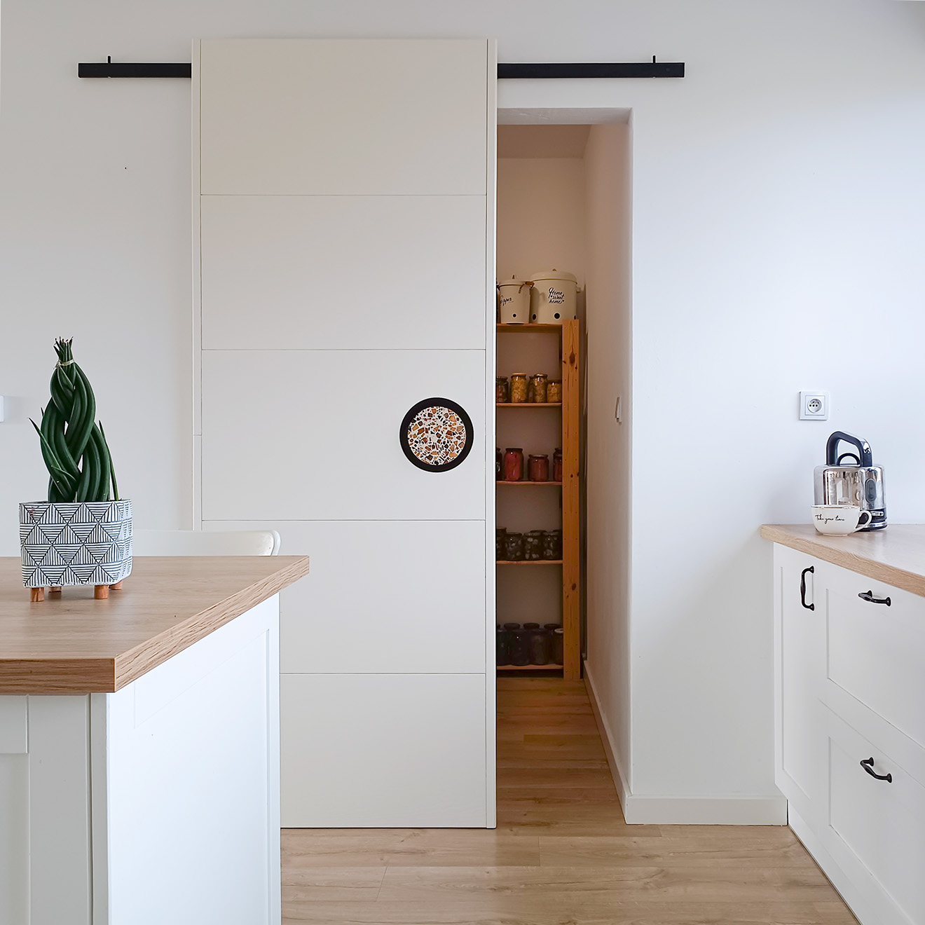 minimalist white sliding pantry door